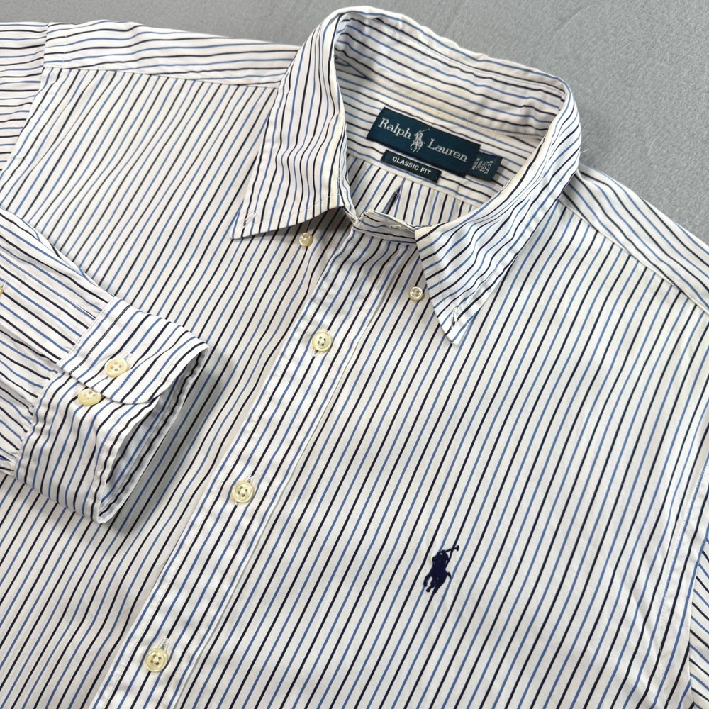 Ralph Lauren Button Down Men 16.5 32/33 Blue White Striped Classic Fit Preppy